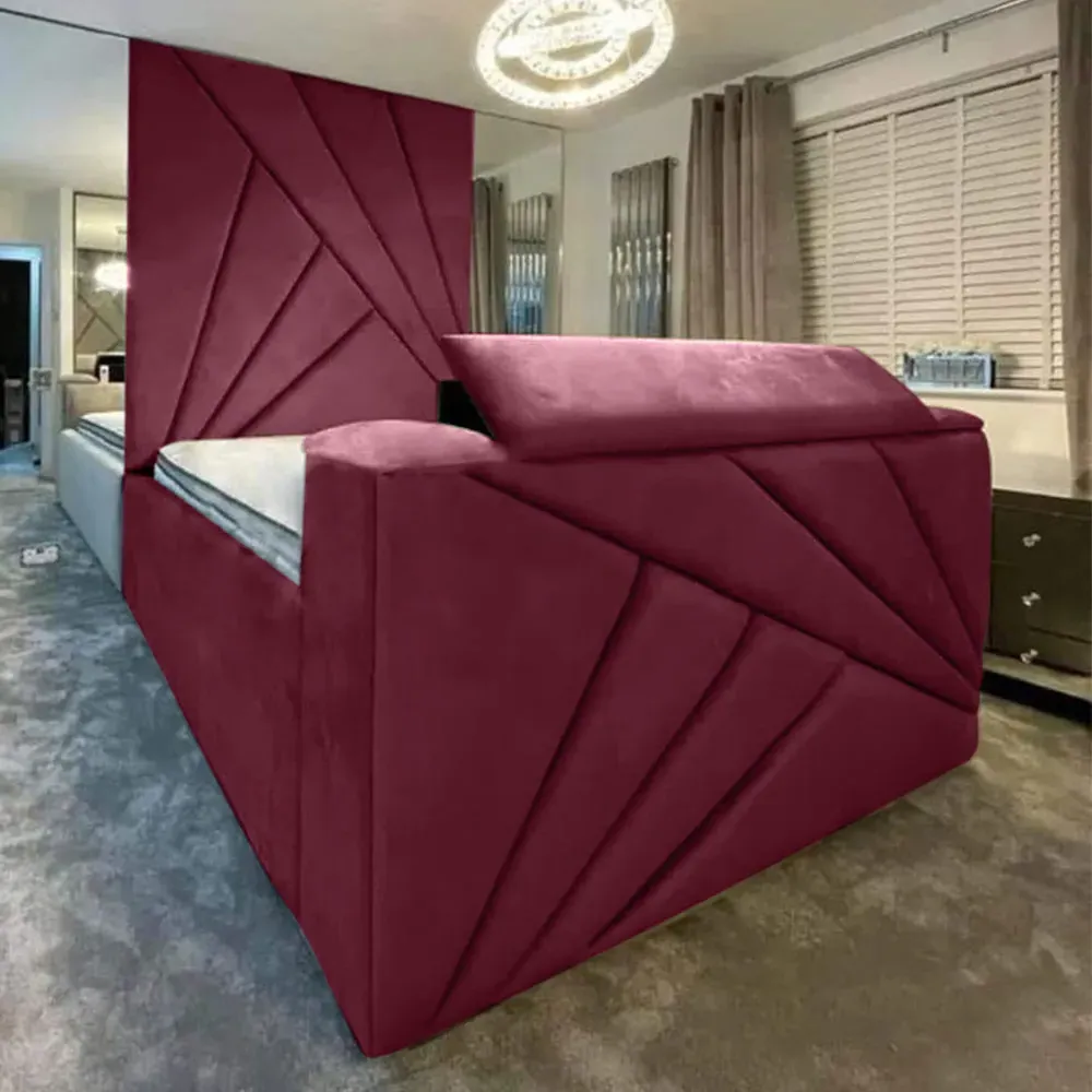 Tina Super King Size TV Bed Frame with Remote - Maroon, Velvet