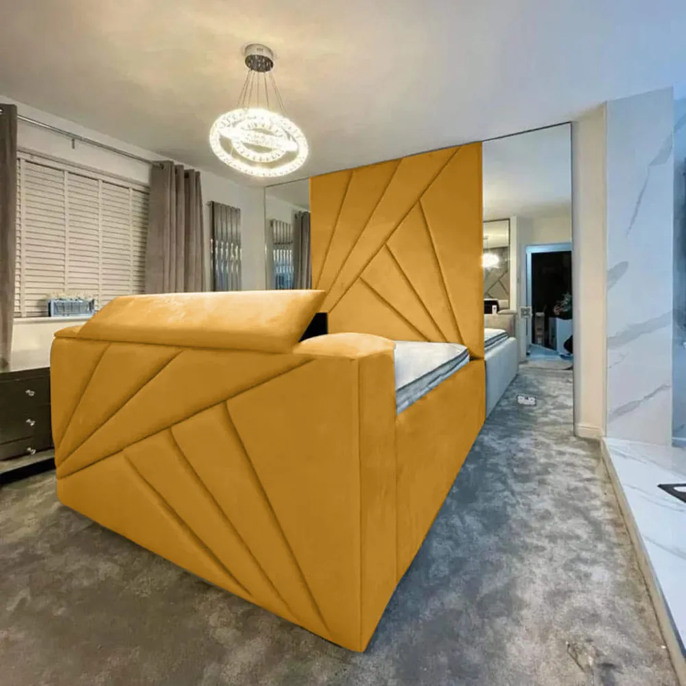 Tina Super King Size TV Bed Frame with Remote - Mustard, Velvet