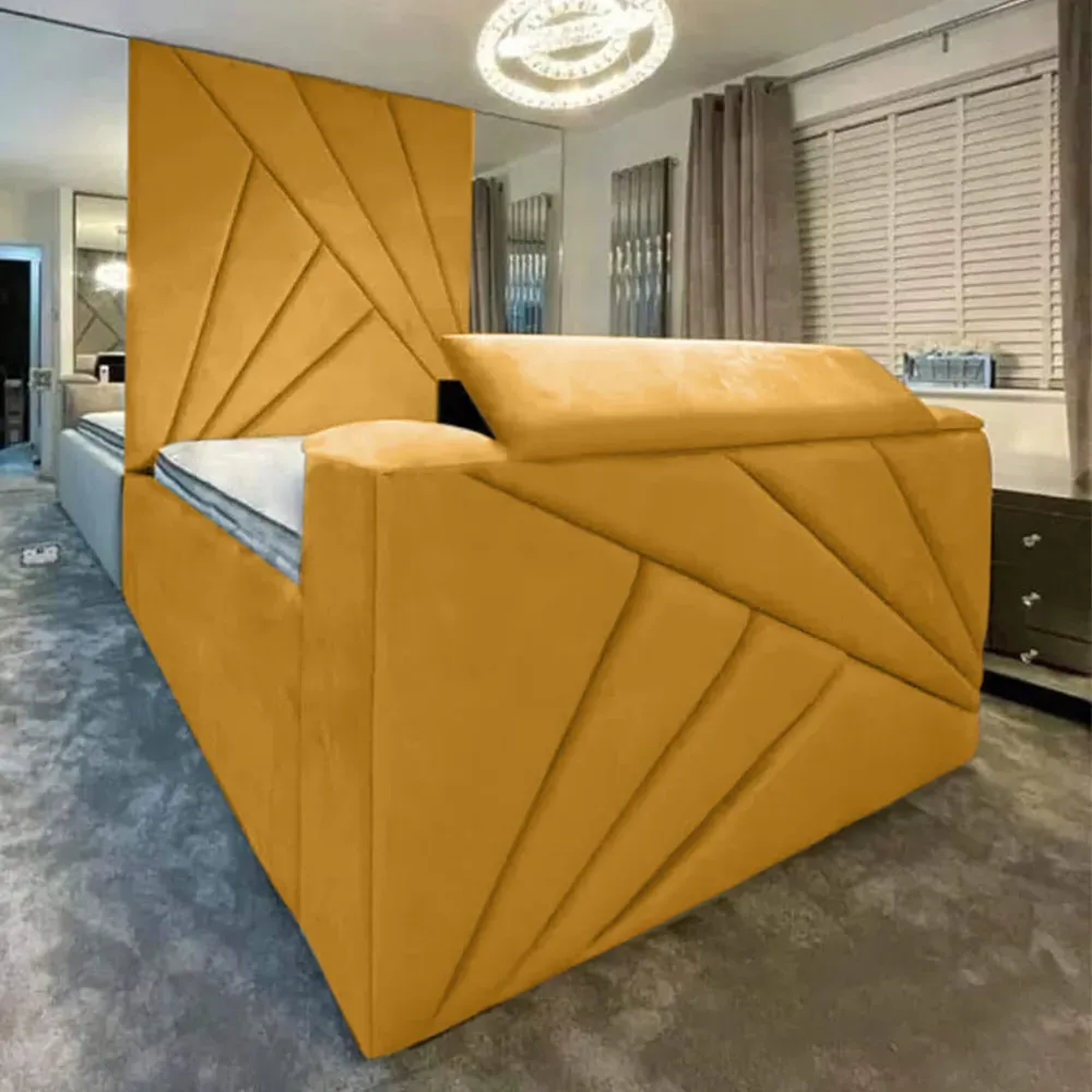 Tina Super King Size TV Bed Frame with Remote - Mustard, Velvet