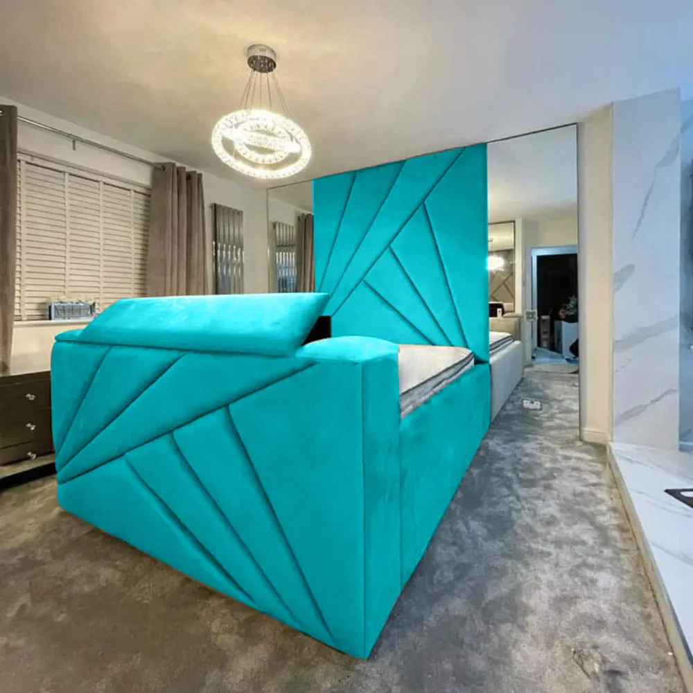 Tina Super King Size TV Bed Frame with Remote - Teal, Velvet