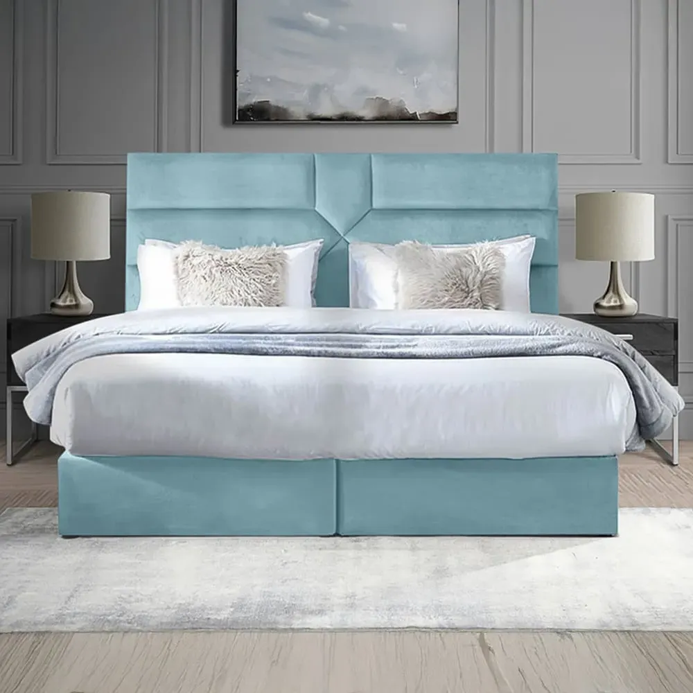 Tranquilite Double Divan Bed with Headboard - Blue, Velvet