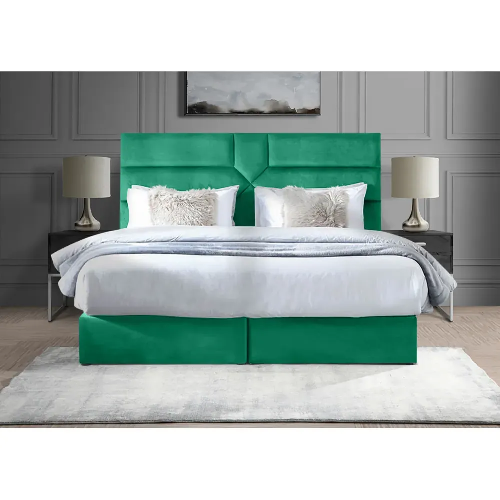 Tranquilite King Size Divan Bed with Headboard - Green, Velvet
