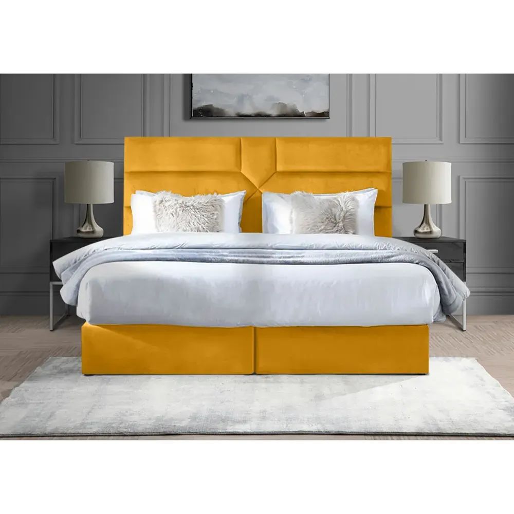 Tranquilite Small Double Divan Bed with Headboard - Yellow, Velvet