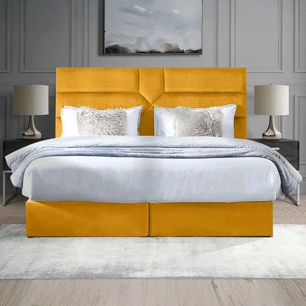 Tranquilite Small Double Divan Bed with Headboard - Yellow, Velvet