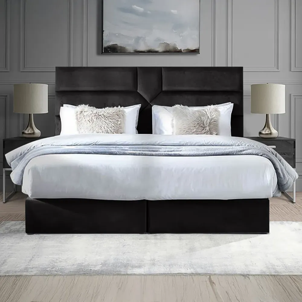 Tranquilite Super King Size Divan Bed with Headboard - Black, Velvet