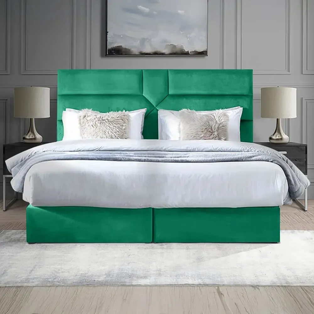 Tranquilite Super King Size Divan Bed with Headboard - Green, Velvet