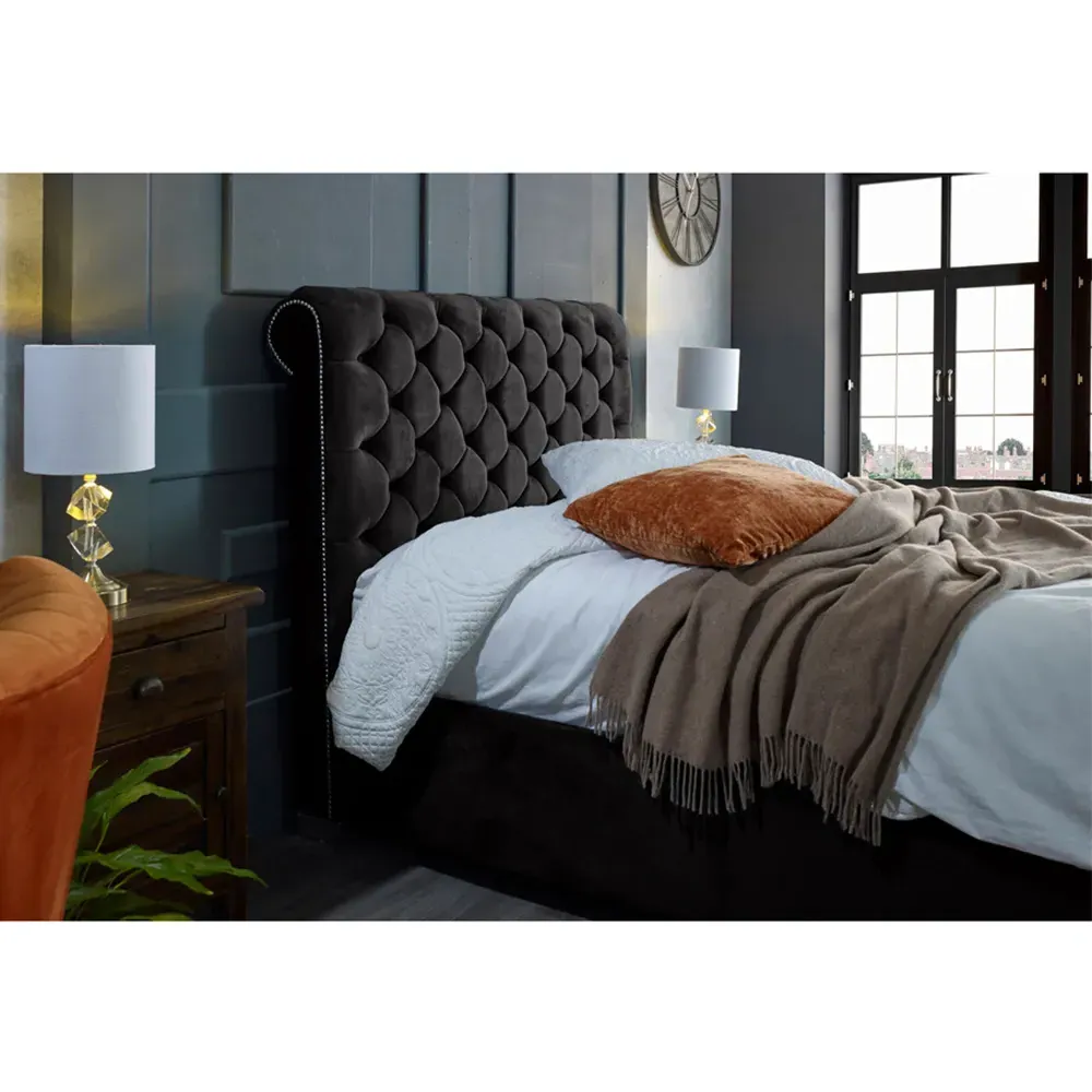 Veneta Double Bed Frame with Chesterfield Headboard - Black, Velvet
