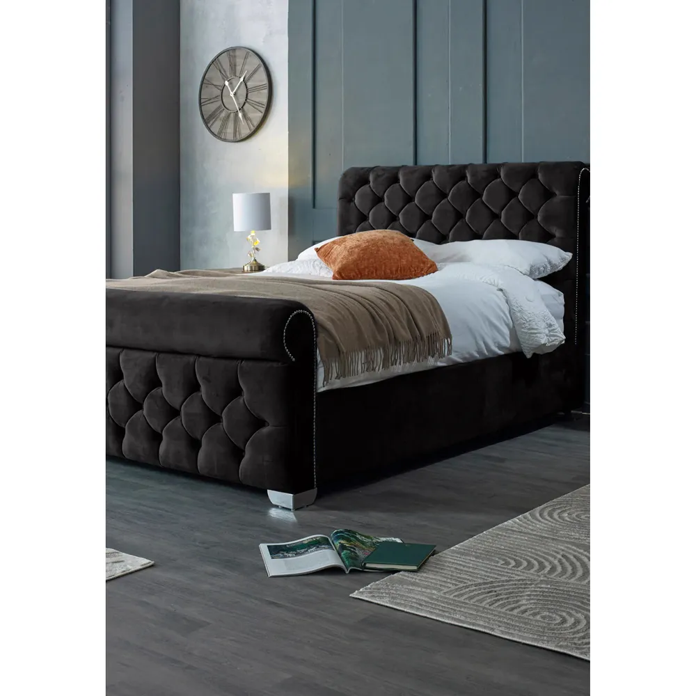 Veneta Double Bed Frame with Chesterfield Headboard - Black, Velvet