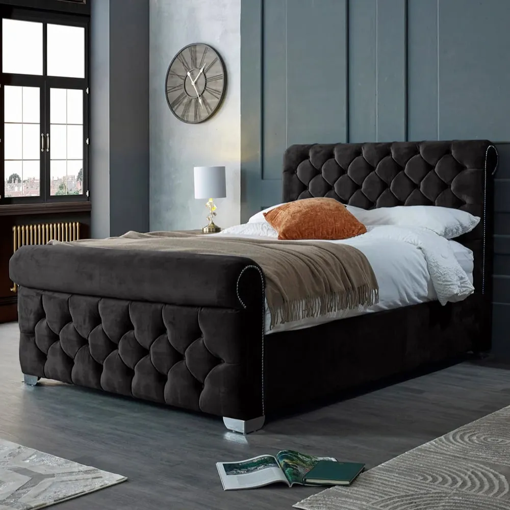Veneta Double Bed Frame with Chesterfield Headboard - Black, Velvet image