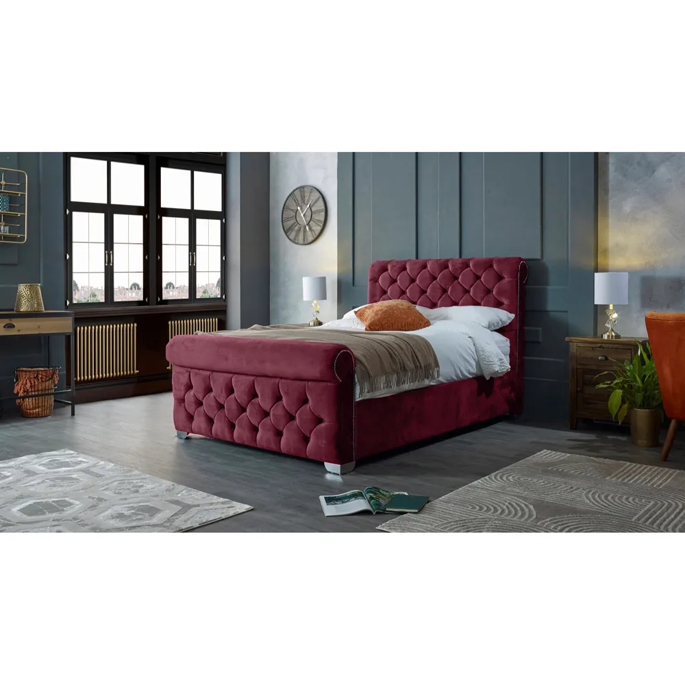 Veneta Double Bed Frame with Chesterfield Headboard - Brown, Velvet