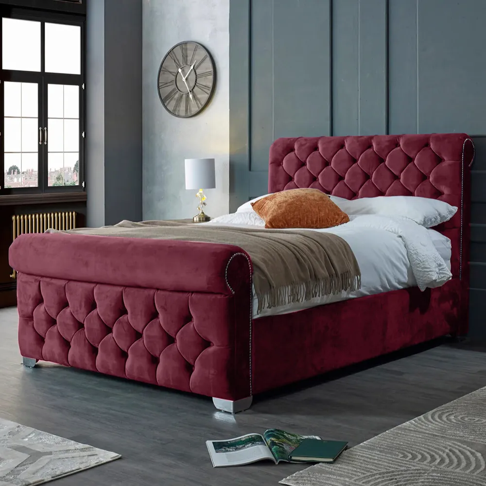 Veneta Double Bed Frame with Chesterfield Headboard - Brown, Velvet