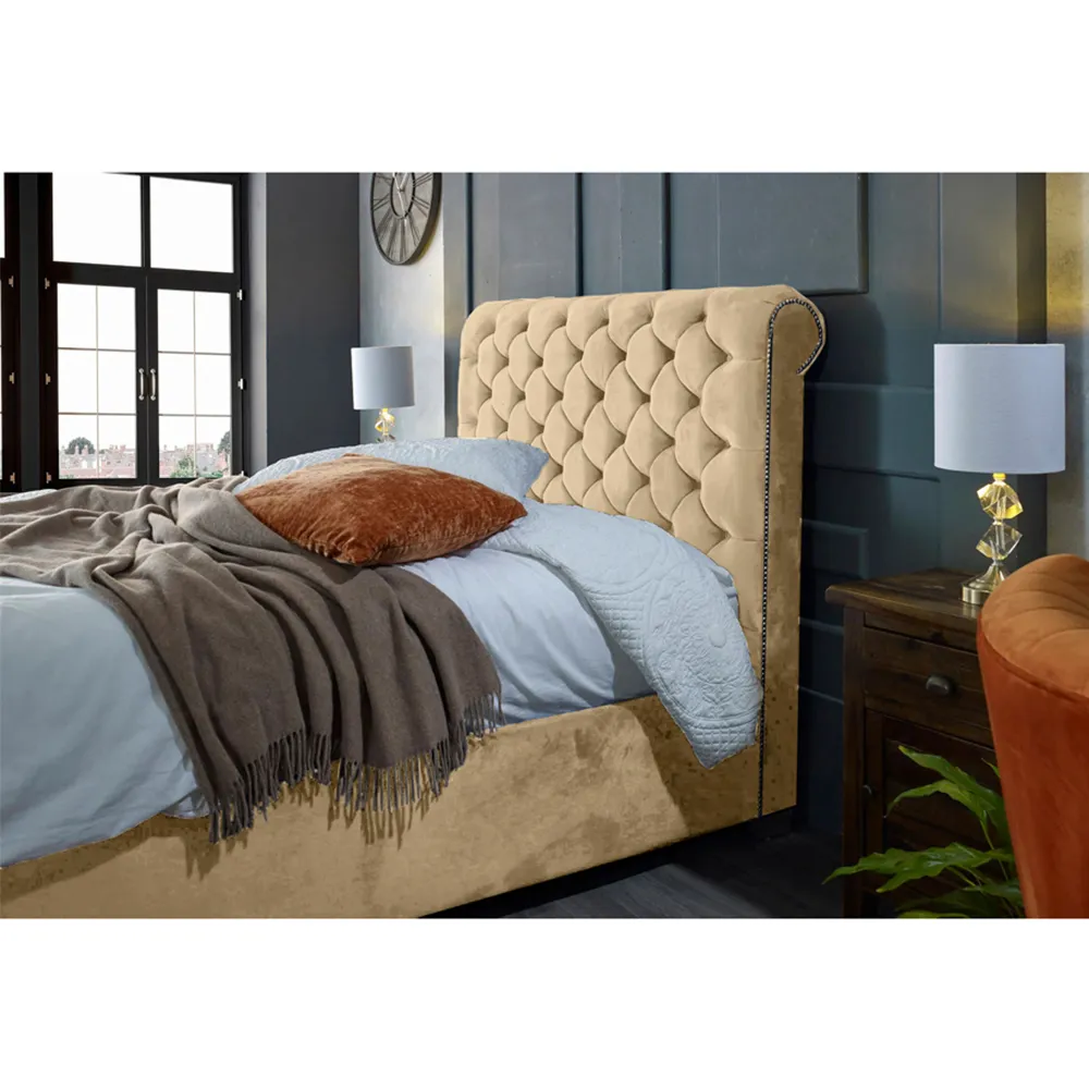 Veneta Double Bed Frame with Chesterfield Headboard - Cream, Velvet