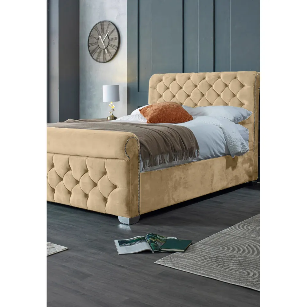 Veneta Double Bed Frame with Chesterfield Headboard - Cream, Velvet