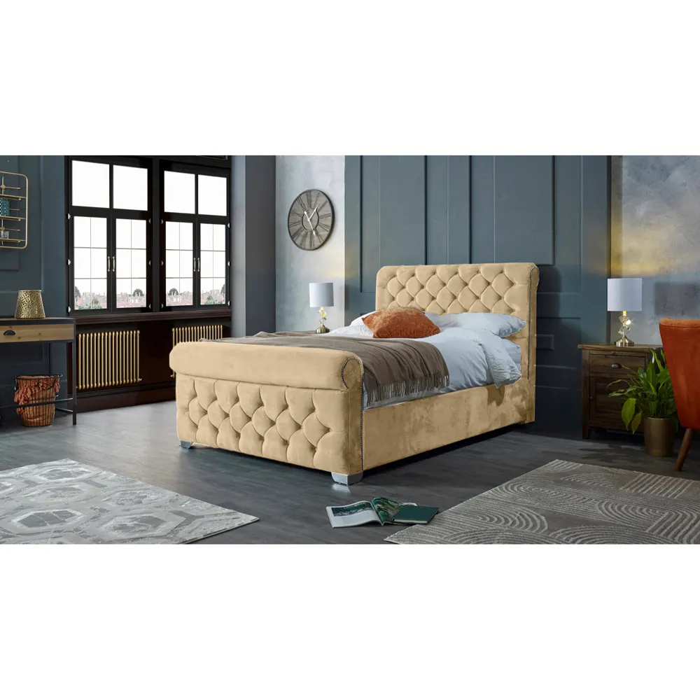 Veneta Double Bed Frame with Chesterfield Headboard - Cream, Velvet