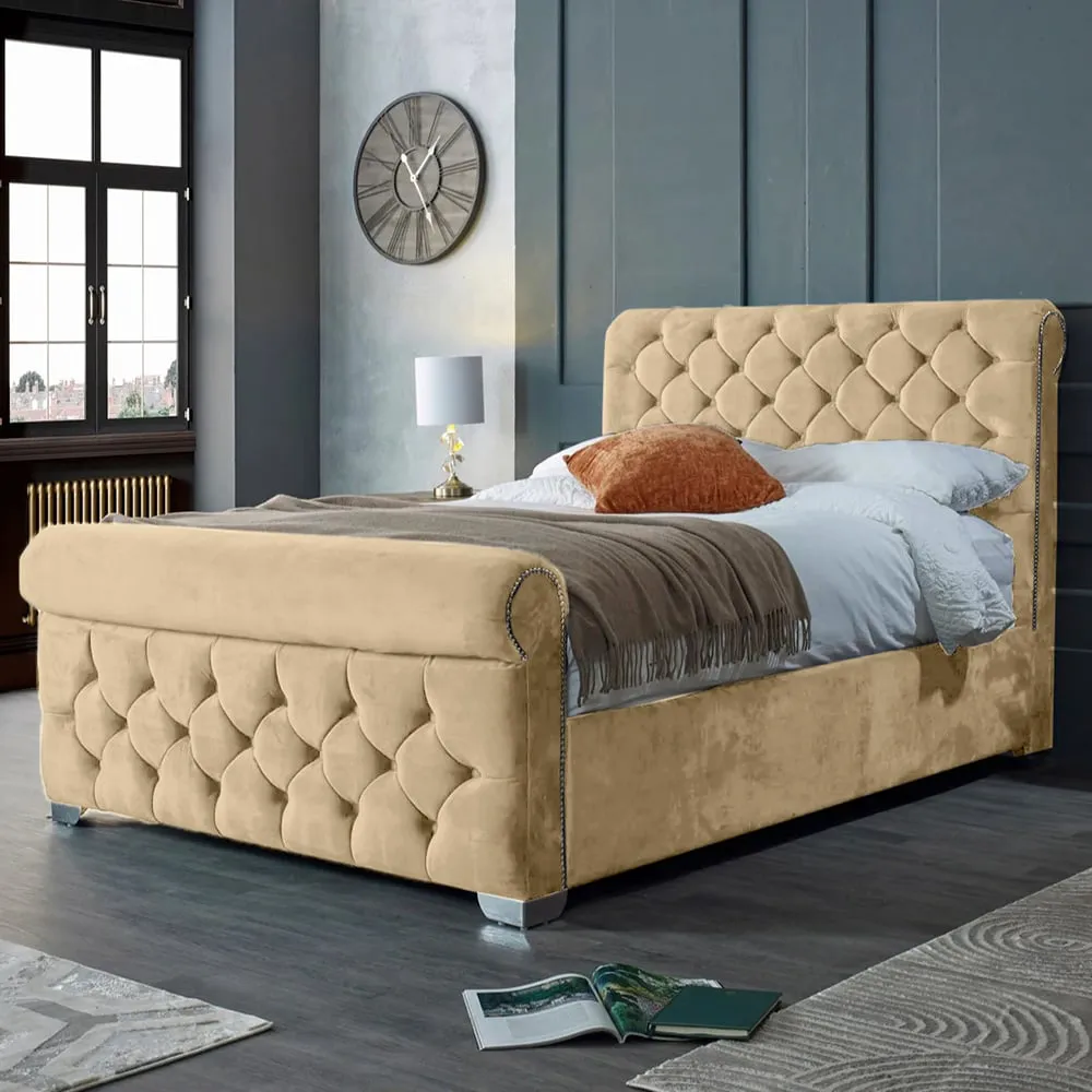 Veneta Double Bed Frame with Chesterfield Headboard - Cream, Velvet