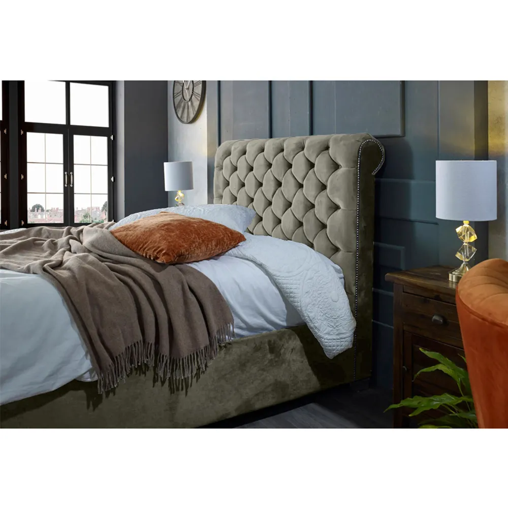 Veneta Double Bed Frame with Chesterfield Headboard - Grey, Velvet
