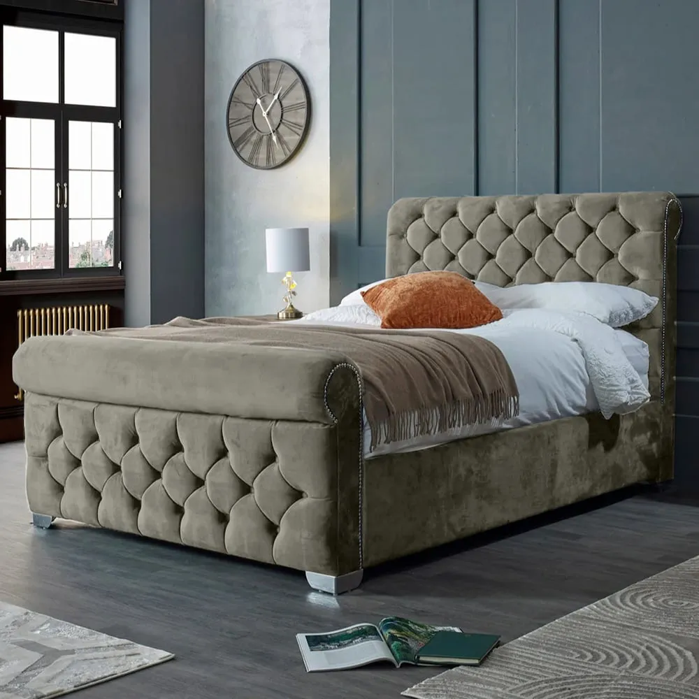 Veneta Double Bed Frame with Chesterfield Headboard - Grey, Velvet