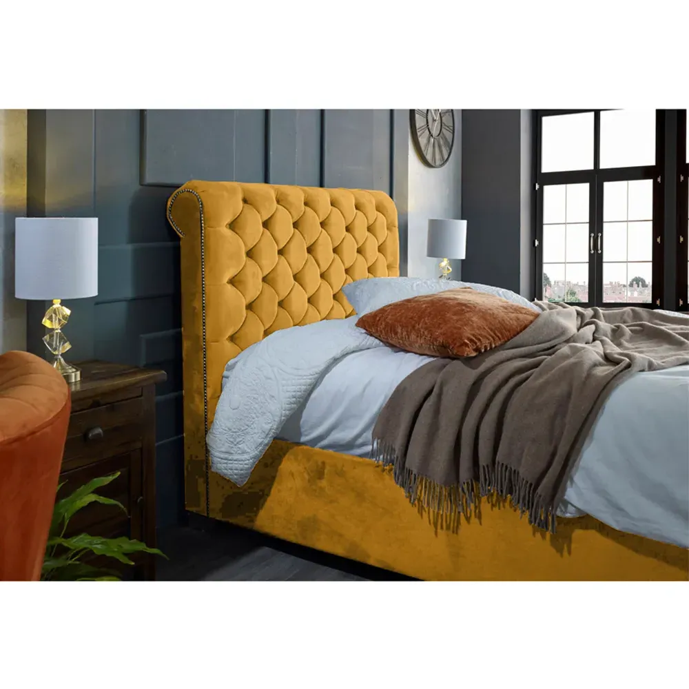 Veneta Double Bed Frame with Chesterfield Headboard - Mustard, Velvet
