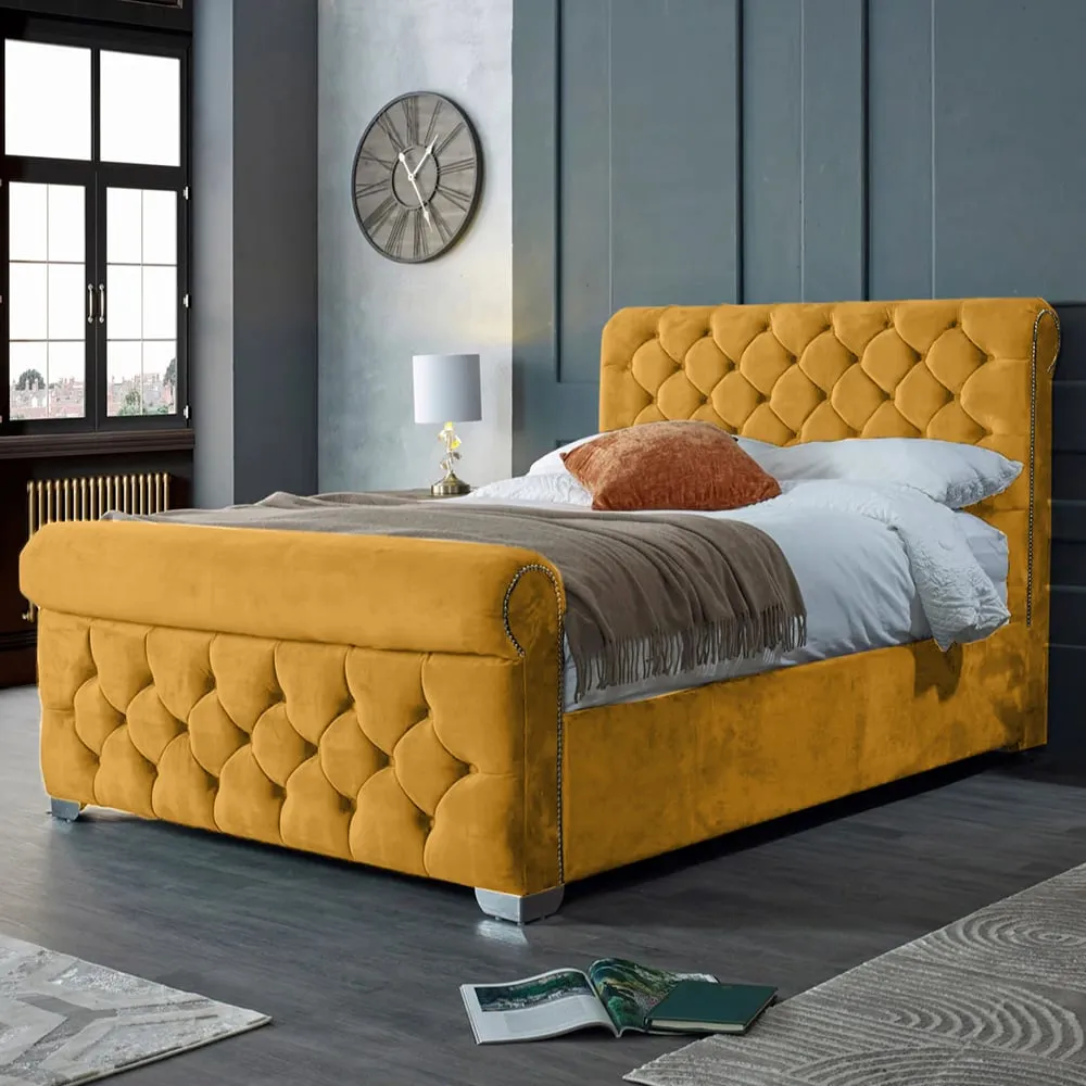 Veneta Double Bed Frame with Chesterfield Headboard - Mustard, Velvet