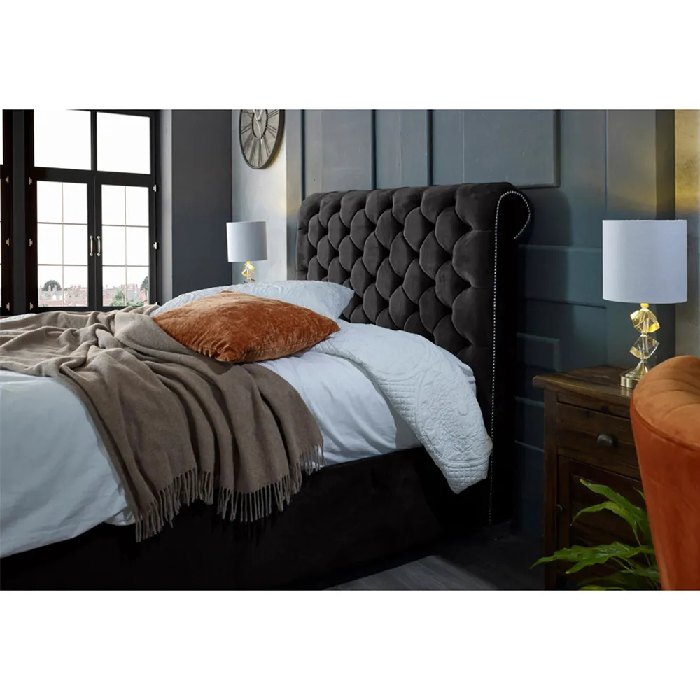 Veneta King Size Bed Frame with Chesterfield Headboard - Black, Velvet