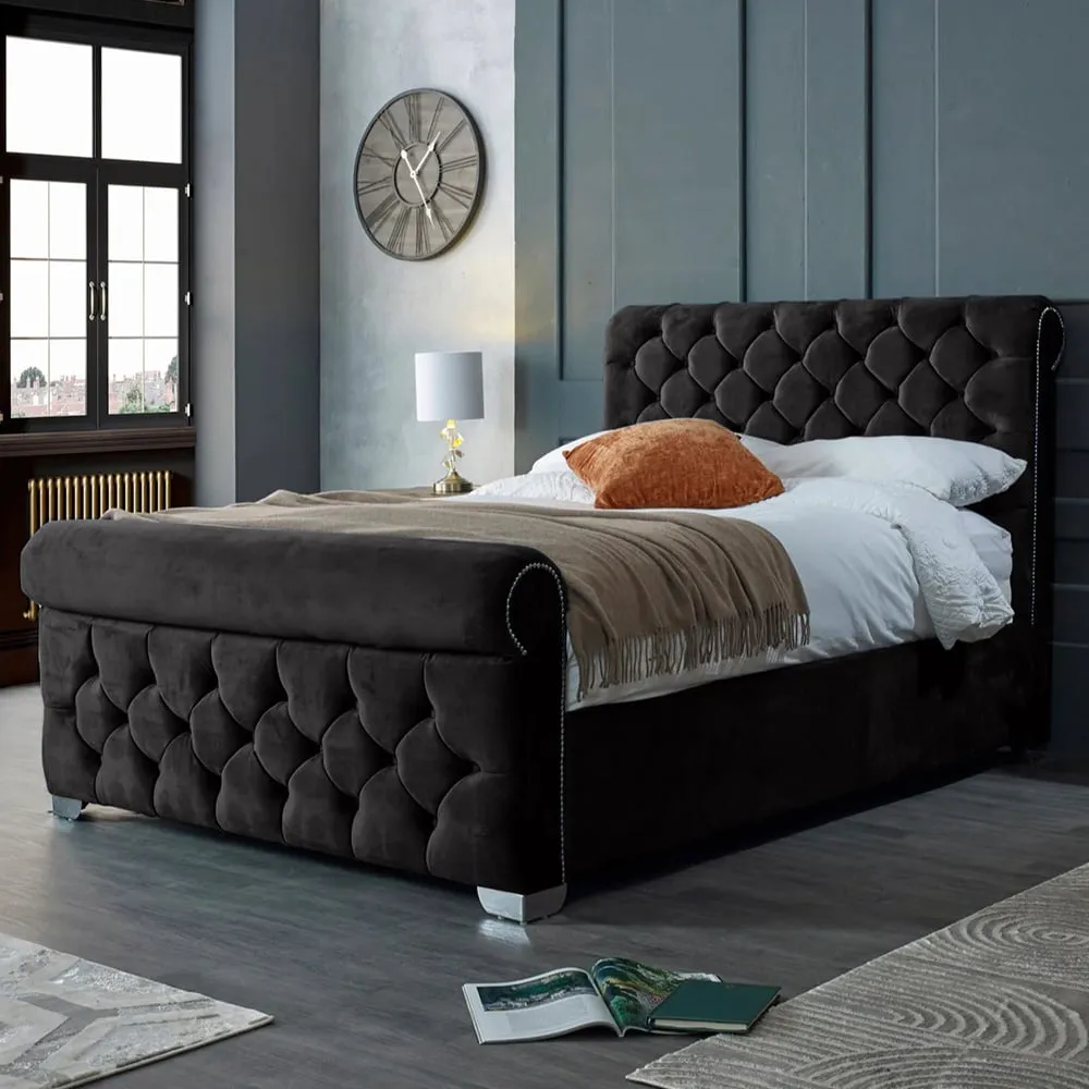 Veneta King Size Bed Frame with Chesterfield Headboard - Black, Velvet