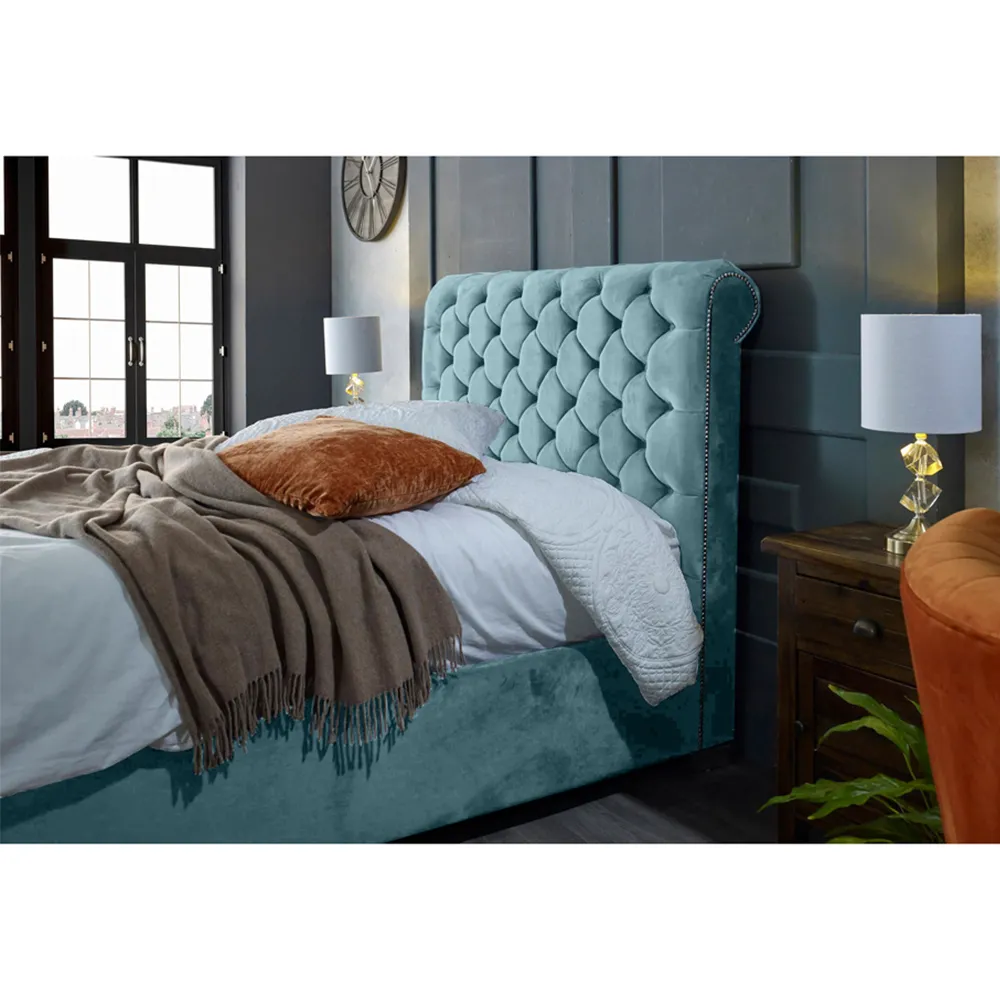 Veneta King Size Bed Frame with Chesterfield Headboard - Blue, Velvet
