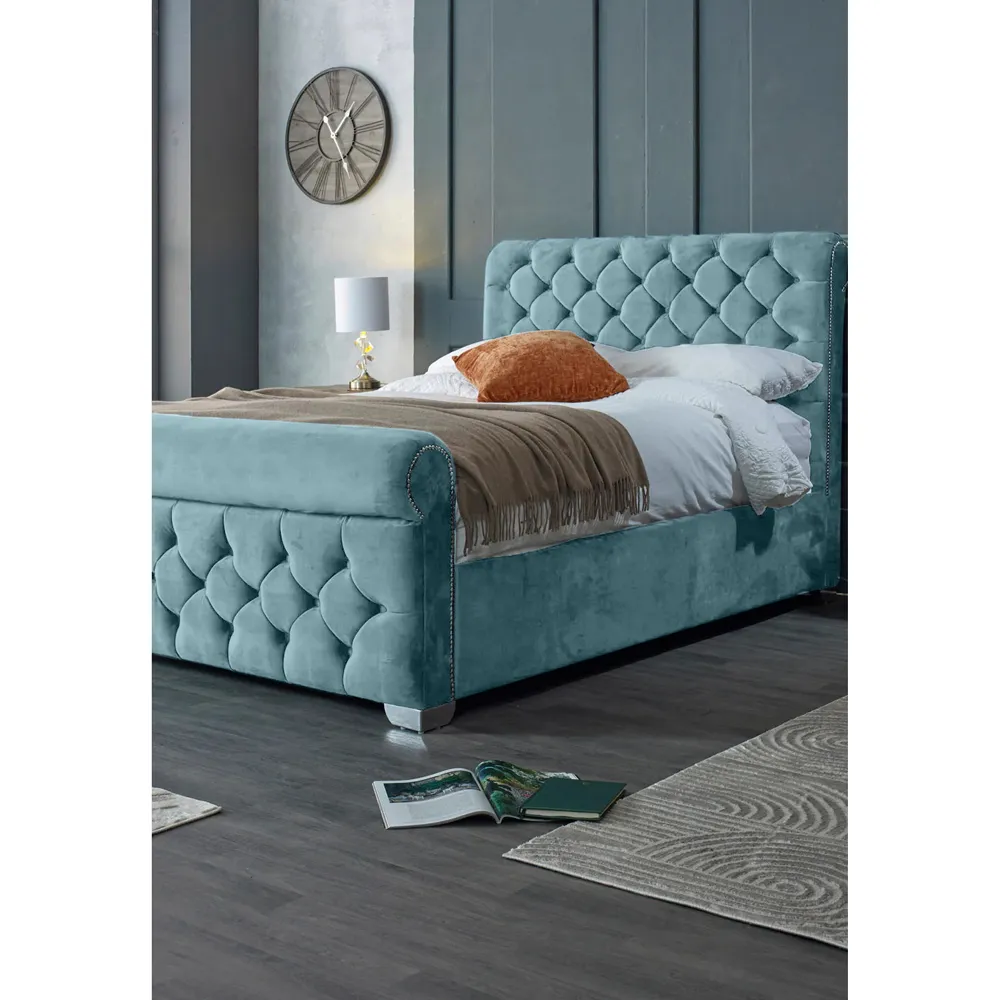 Veneta King Size Bed Frame with Chesterfield Headboard - Blue, Velvet
