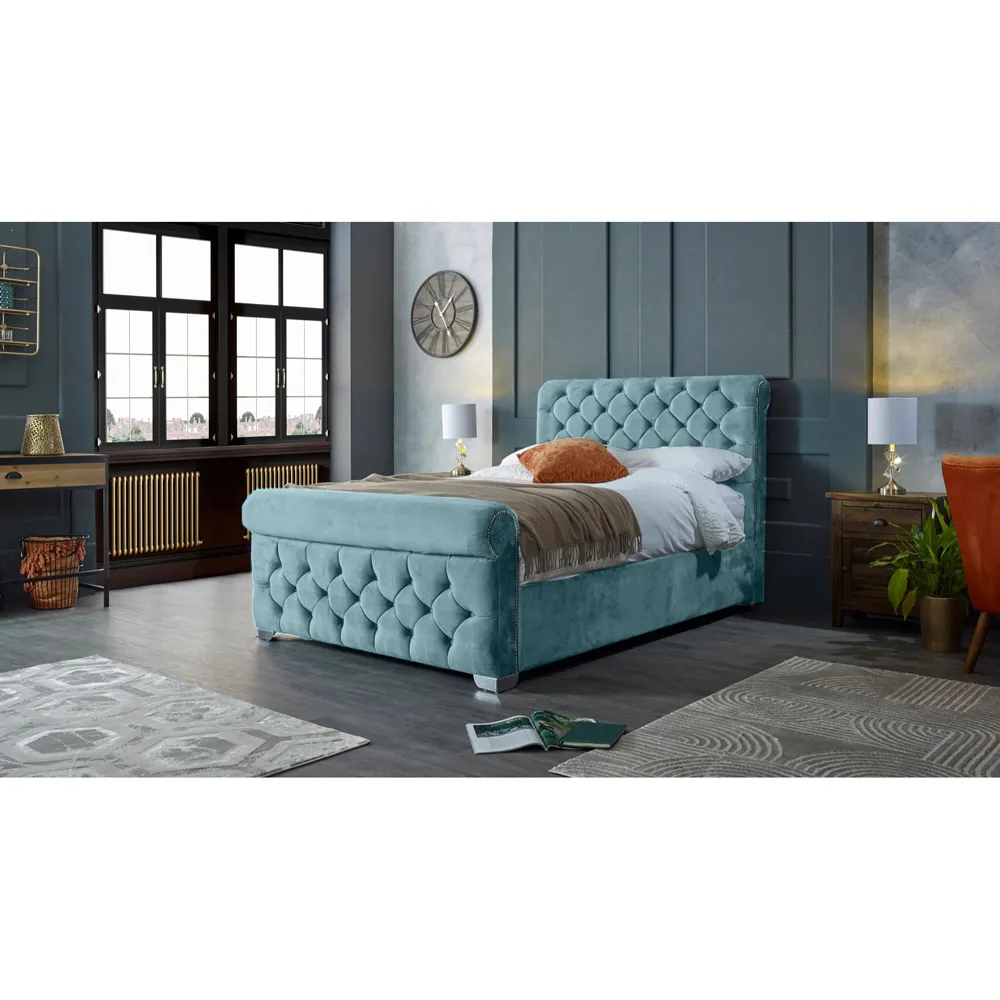 Veneta King Size Bed Frame with Chesterfield Headboard - Blue, Velvet