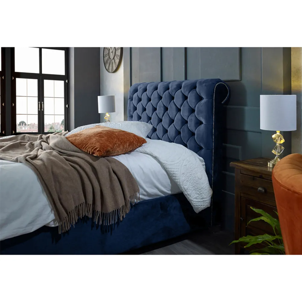 Veneta King Size Bed Frame with Chesterfield Headboard - Blue, Velvet