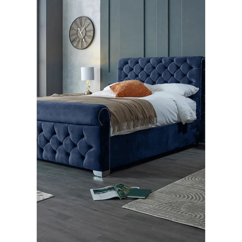 Veneta King Size Bed Frame with Chesterfield Headboard - Blue, Velvet