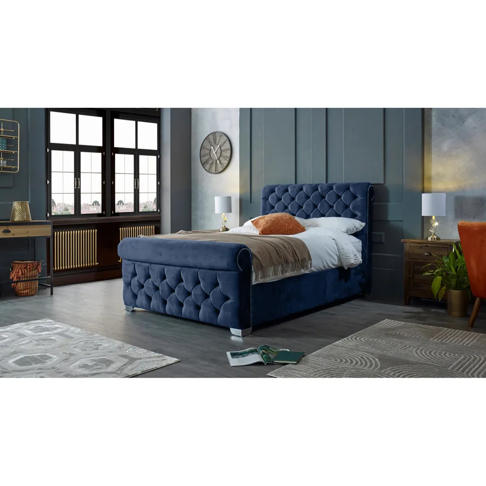Veneta King Size Bed Frame with Chesterfield Headboard - Blue, Velvet