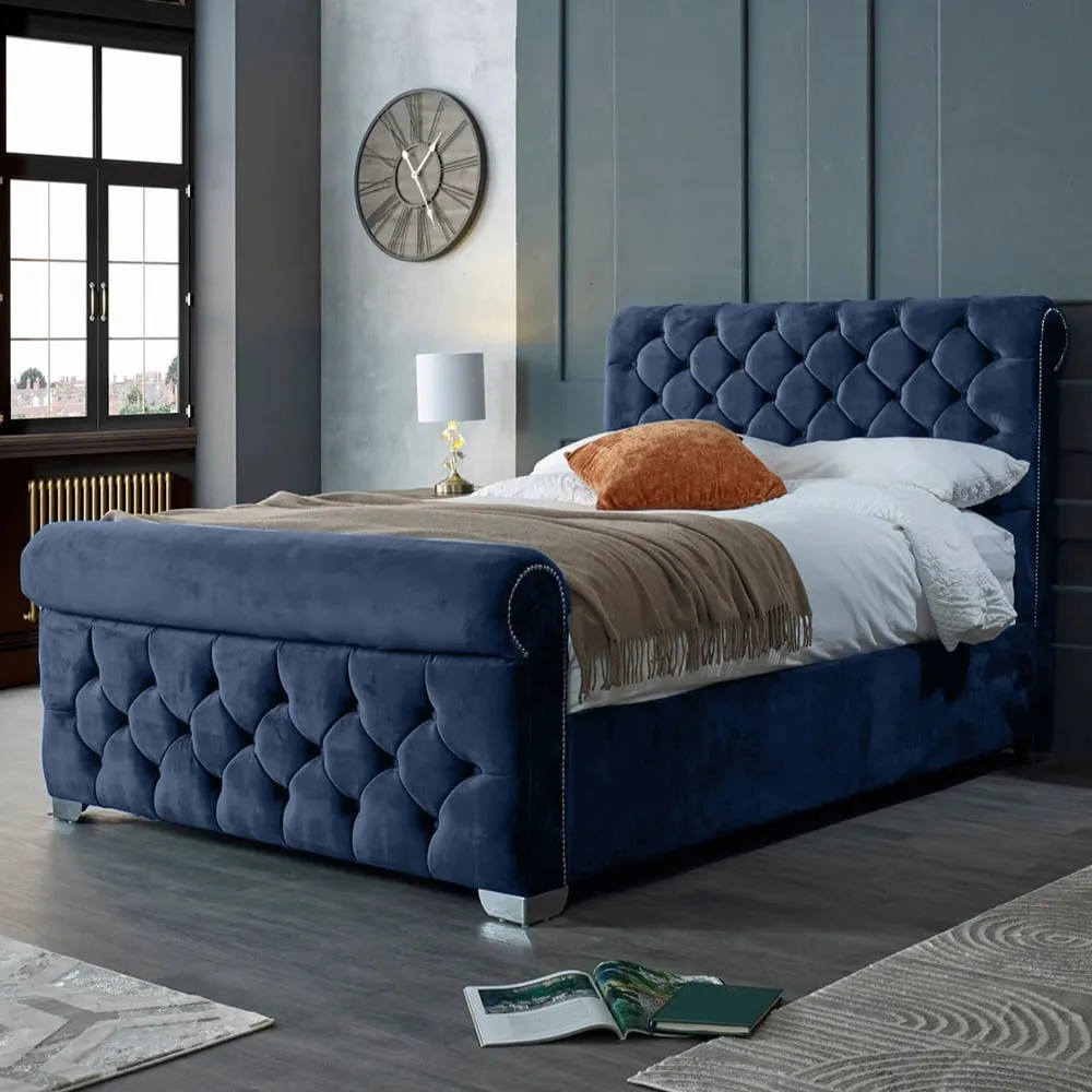 Veneta King Size Bed Frame with Chesterfield Headboard - Blue, Velvet
