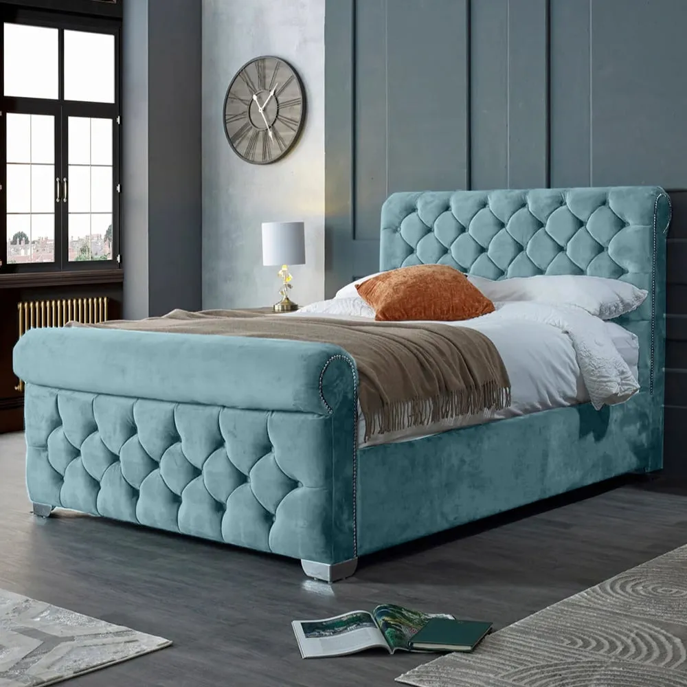 Veneta King Size Bed Frame with Chesterfield Headboard - Blue, Velvet