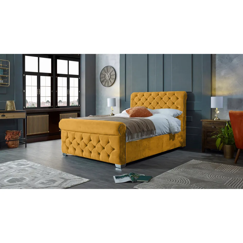 Veneta King Size Bed Frame with Chesterfield Headboard - Mustard, Velvet