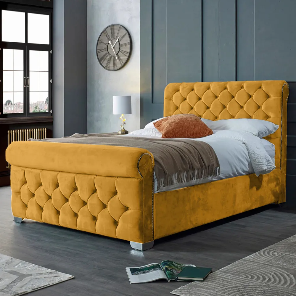 Veneta King Size Bed Frame with Chesterfield Headboard - Mustard, Velvet