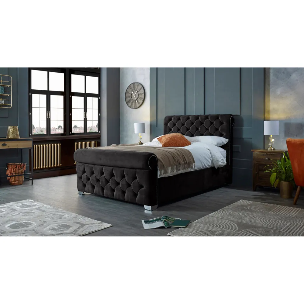 Veneta Super King Size Bed Frame with Chesterfield Headboard - Black, Velvet