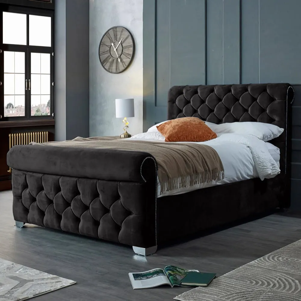 Veneta Super King Size Bed Frame with Chesterfield Headboard - Black, Velvet