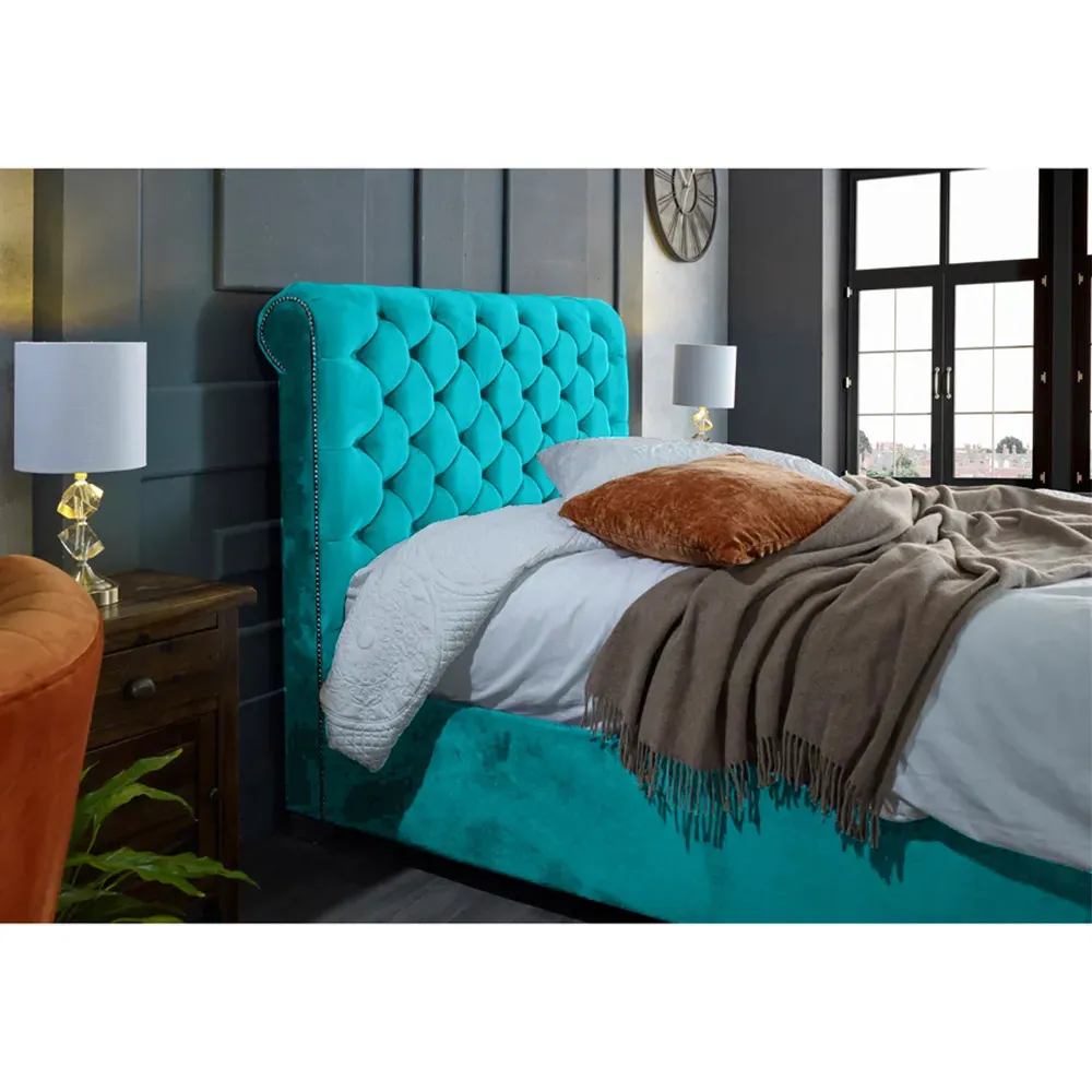 Veneta Super King Size Bed Frame with Chesterfield Headboard - Blue, Velvet