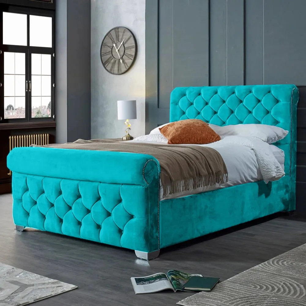 Veneta Super King Size Bed Frame with Chesterfield Headboard - Blue, Velvet