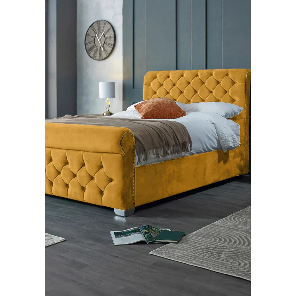 Veneta Super King Size Bed Frame with Chesterfield Headboard - Orange, Velvet