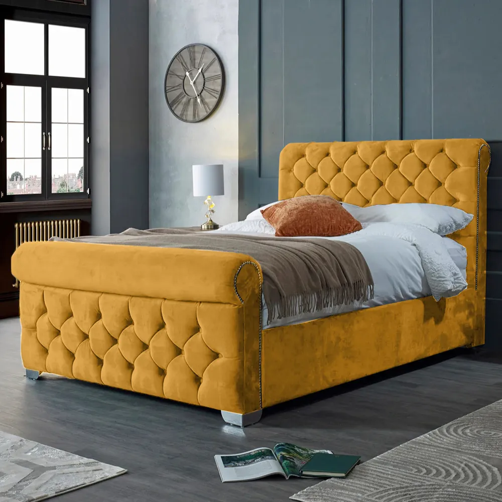 Veneta Super King Size Bed Frame with Chesterfield Headboard - Orange, Velvet