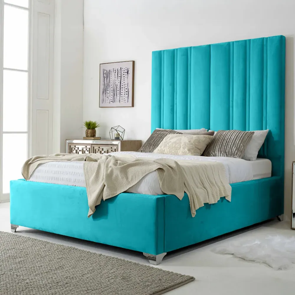 Wilburn Double Bed Frame with Headboard - Blue, Velvet