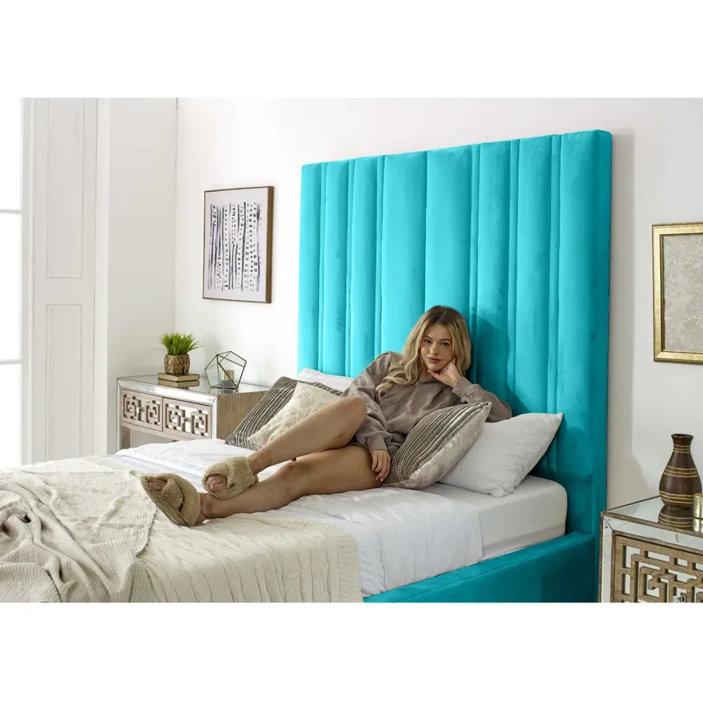 Wilburn King Size Bed Frame with Headboard - Blue, Velvet