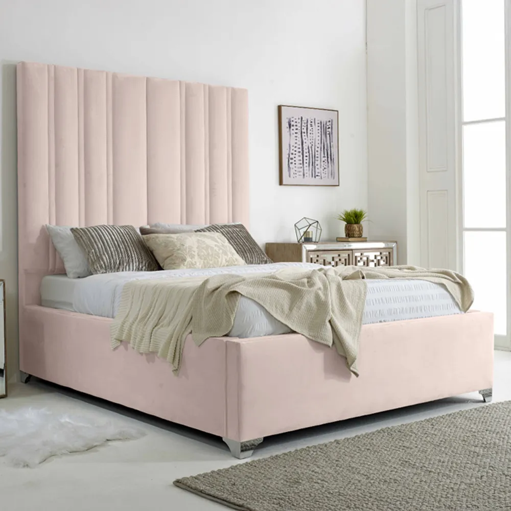 Wilburn King Size Bed Frame with Headboard - Pink, Velvet