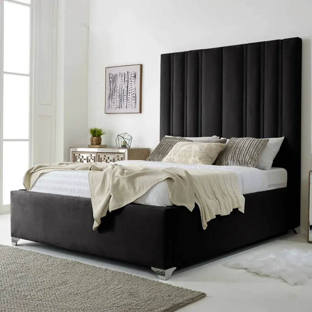 Wilburn Single Bed Frame with Headboard - Black, Velvet image