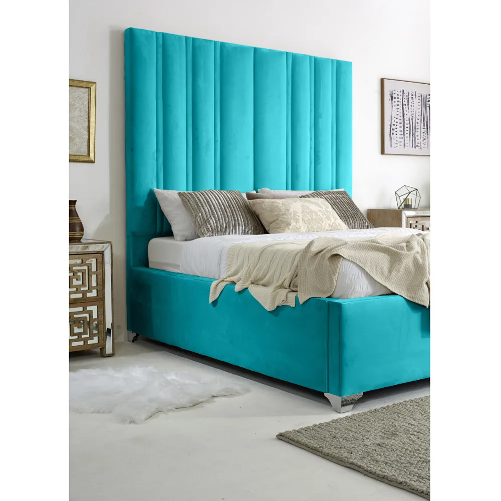 Wilburn Single Bed Frame with Headboard - Blue, Velvet