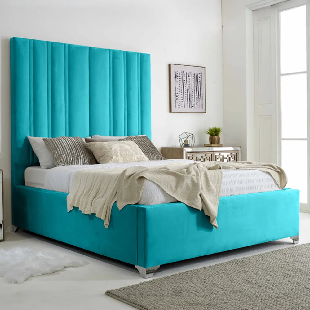 Wilburn Single Bed Frame with Headboard - Blue, Velvet