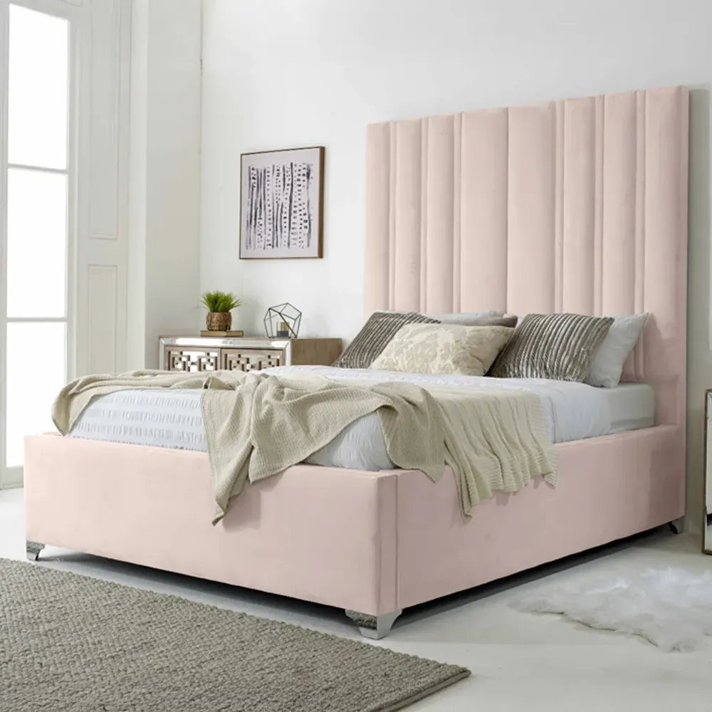 Wilburn Single Bed Frame with Headboard - Pink, Velvet
