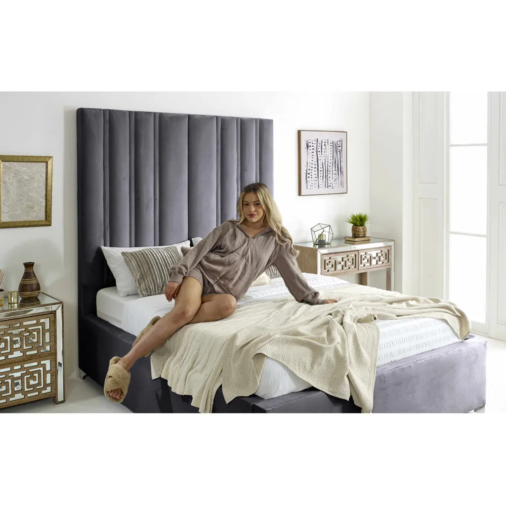 Wilburn Small Double Bed Frame with Headboard - Grey, Velvet