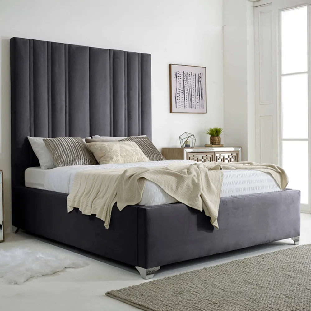 Wilburn Small Double Bed Frame with Headboard - Grey, Velvet image